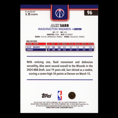 Alex Sarr RC 2025-26 Topps Rookie Wizards