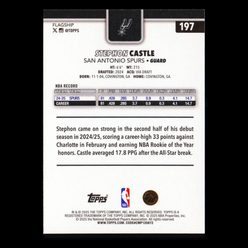 Stephon Castle RC 2025-26 Topps Rookie Spurs