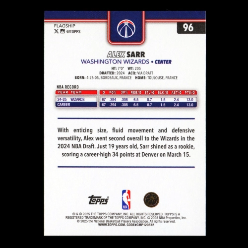 Alex Sarr RC 2025-26 Topps Rookie Wizards