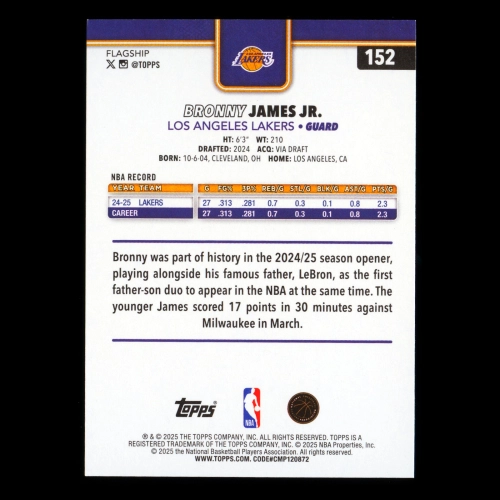 Bronny James Jr. RC 2025-26 Topps Rookie Lakers