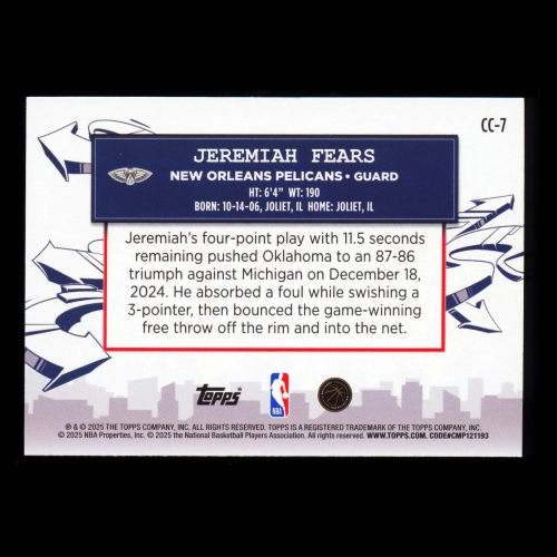 Jeremiah Fears RC 2025-26 Topps Clutch City Prospects Rookie Pelicans