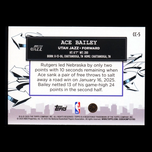 Ace Bailey RC 2025-26 Topps Clutch City Prospects Rookie Jazz