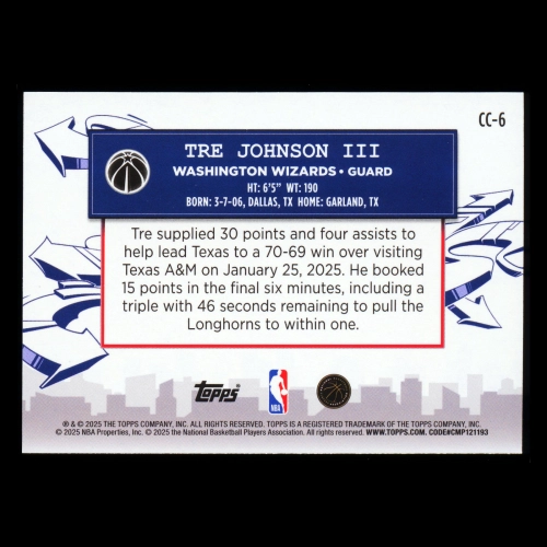 Tre Johnson III RC 2025-26 Topps Clutch City Prospects Rookie Wizards