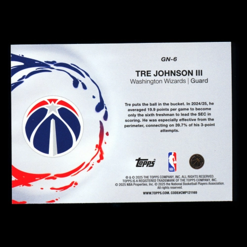 Tre Johnson III RC 2025-26 Topps Generation Now Wizards