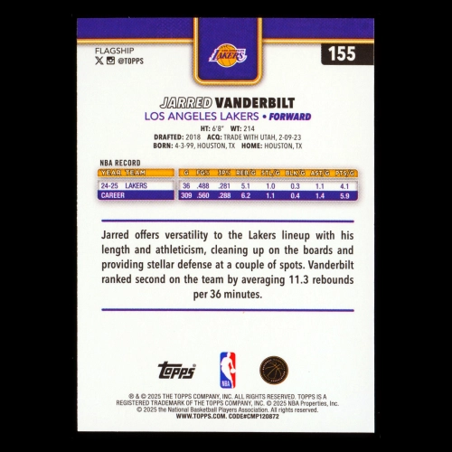 Jarred Vanderbilt 2025-26 Topps Rainbow Foil Lakers