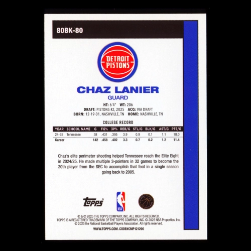 Chaz Lanier RC 2025-26 Topps '80-81 Topps Rookie Pistons