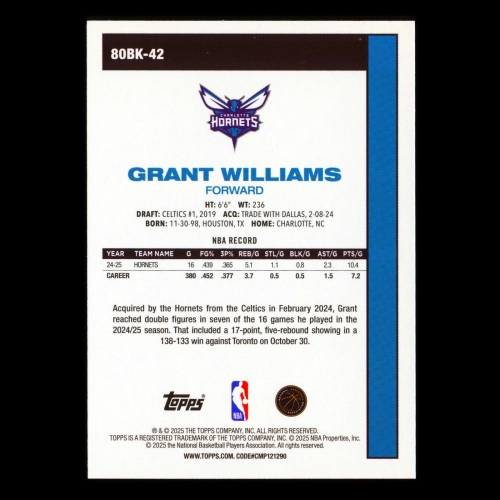 Grant Williams 2025-26 Topps '80-81 Topps Hornets