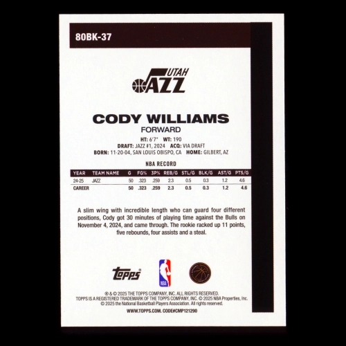 Cody Williams 2025-26 Topps '80-81 Topps Jazz