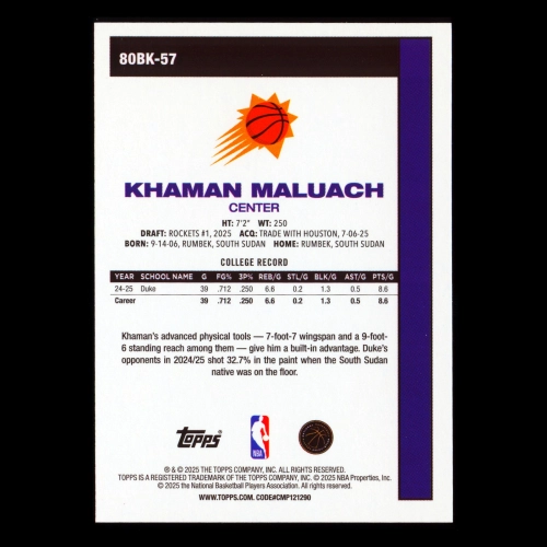 Khaman Maluach RC 2025-26 Topps '80-81 Topps Rookie Suns