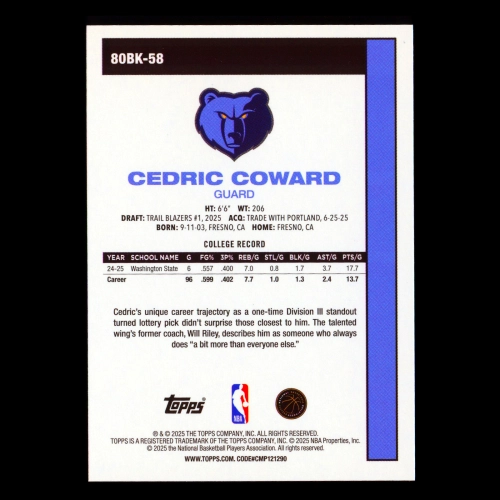 Cedric Coward RC 2025-26 Topps '80-81 Topps Rookie Grizzlies
