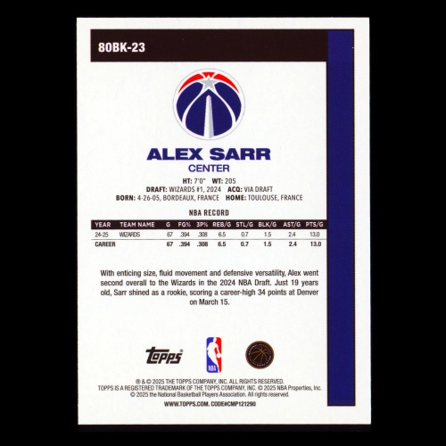 Alex Sarr 2025-26 Topps '80-81 Topps Wizards