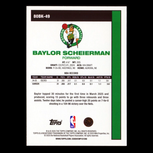 Baylor Scheierman 2025-26 Topps '80-81 Topps Celtics
