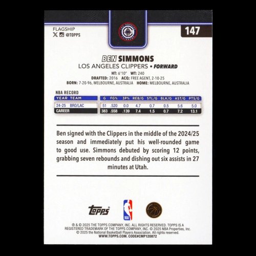 Ben Simmons 2025-26 Topps Holo Foil Clippers