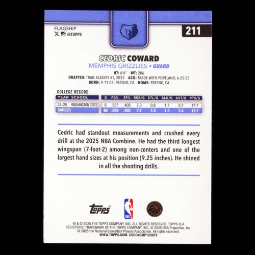 Cedric Coward RC 2025-26 Topps Rookie Grizzlies