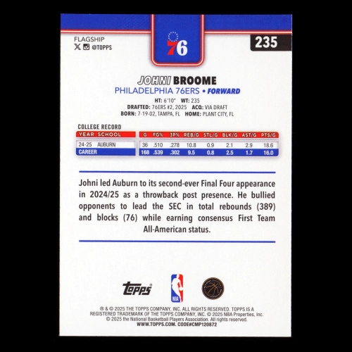 Johni Broome RC 2025-26 Topps Rookie 76ers