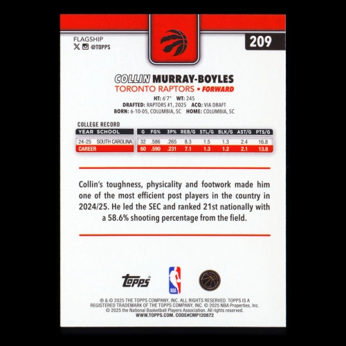 Collin Murray-Boyles RC 2025-26 Topps Rookie Raptors