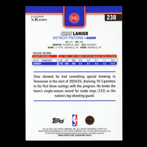 Chaz Lanier RC 2025-26 Topps Rookie Pistons