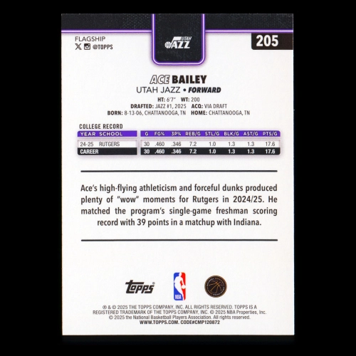Ace Bailey RC 2025-26 Topps Rookie Jazz