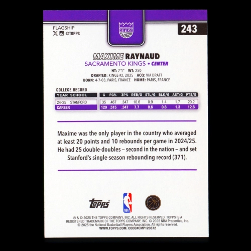 Maxime Raynaud RC 2025-26 Topps Rookie Kings