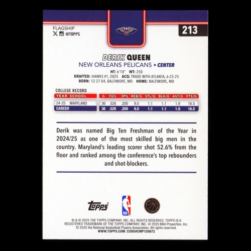 Derik Queen RC 2025-26 Topps Rookie Pelicans