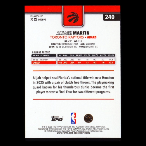Alijah Martin RC 2025-26 Topps Rookie Raptors