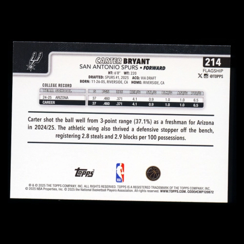Carter Bryant RC 2025-26 Topps Rookie Spurs