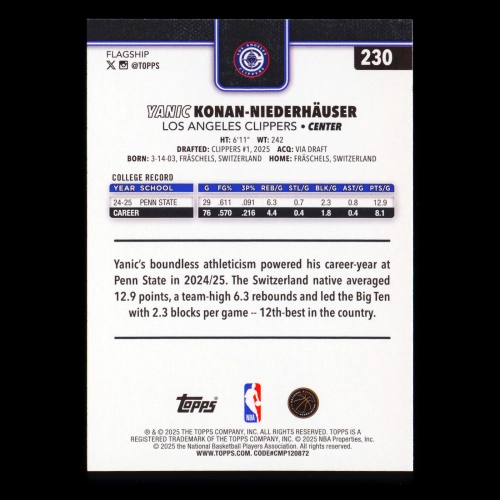 Yanic Konan-Niederhuser RC 2025-26 Topps Rookie Clippers