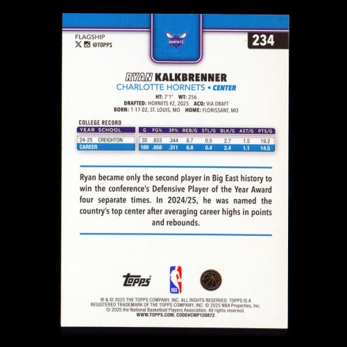 Ryan Kalkbrenner RC 2025-26 Topps Rookie Hornets