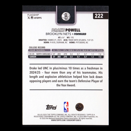 Drake Powell RC 2025-26 Topps Rookie Nets
