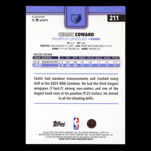Cedric Coward RC 2025-26 Topps Rookie Grizzlies