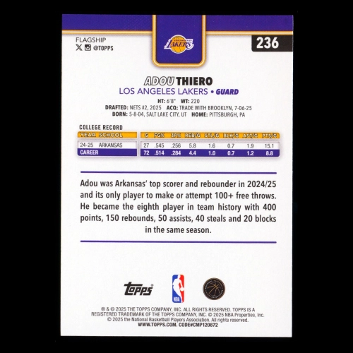 Adou Thiero RC 2025-26 Topps Rookie Lakers