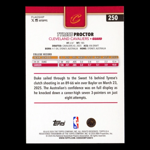Tyrese Proctor RC 2025-26 Topps Rookie Cavaliers
