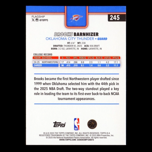 Brooks Barnhizer RC 2025-26 Topps Rookie Thunder