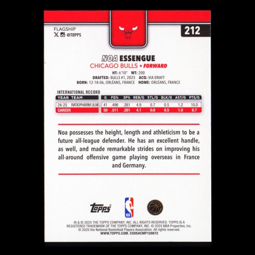 Noa Essengue RC 2025-26 Topps Rookie Bulls