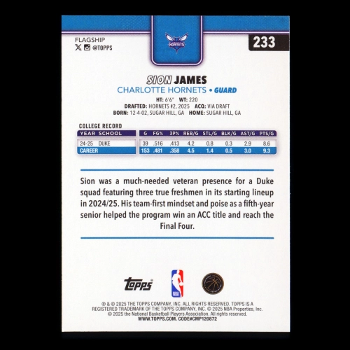 Sion James RC 2025-26 Topps Rookie Hornets