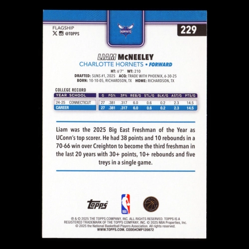 Liam McNeeley RC 2025-26 Topps Rookie Hornets