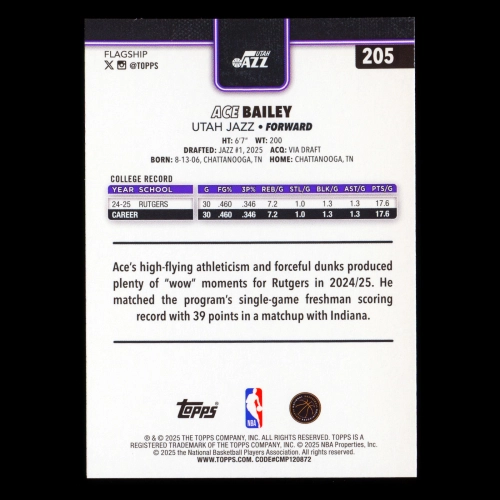 Ace Bailey RC 2025-26 Topps Rookie Jazz