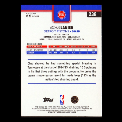 Chaz Lanier RC 2025-26 Topps Rookie Pistons