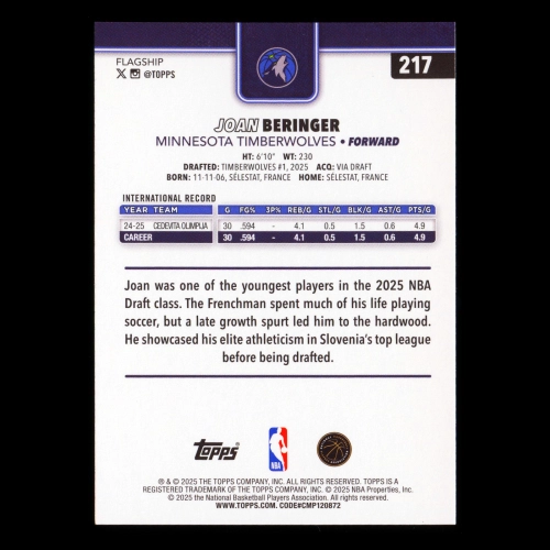 Joan Beringer RC 2025-26 Topps Rookie Timberwolves