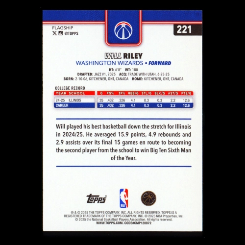 Will Riley RC 2025-26 Topps Rookie Wizards