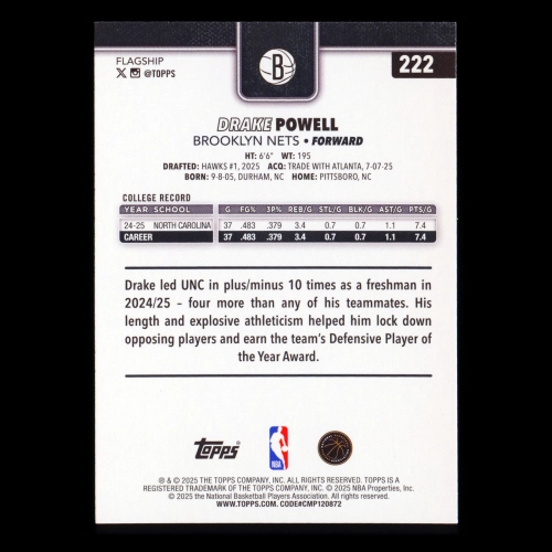 Drake Powell RC 2025-26 Topps Rookie Nets