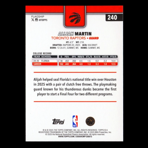 Alijah Martin RC 2025-26 Topps Rookie Raptors