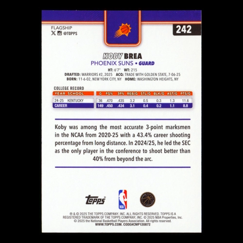 Koby Brea RC 2025-26 Topps Rookie Suns