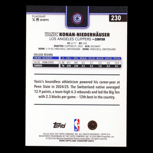Yanic Konan-Niederhuser RC 2025-26 Topps Rookie Clippers
