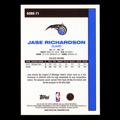 Jase Richardson RC 2025-26 Topps '80-81 Topps Rookie Magic