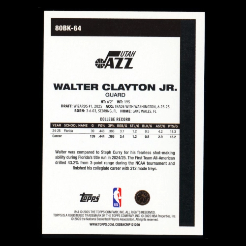 Walter Clayton Jr. RC 2025-26 Topps '80-81 Topps Rookie Jazz