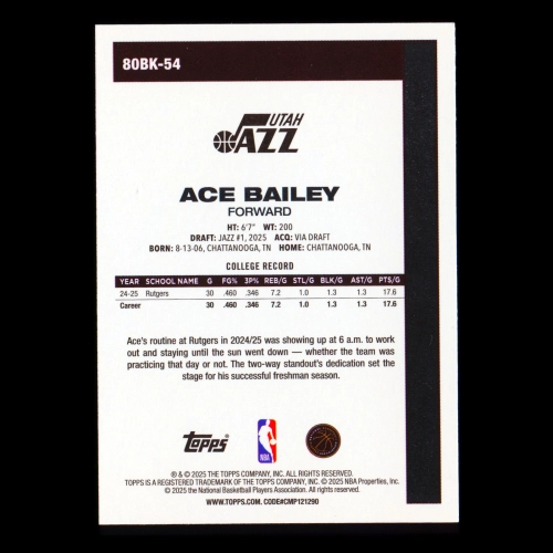 Ace Bailey RC 2025-26 Topps '80-81 Topps Rookie Jazz