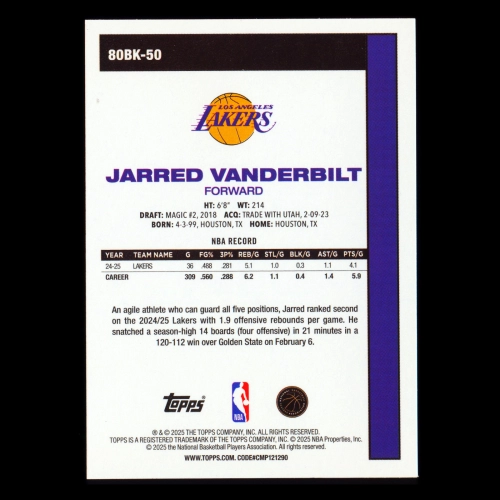 Jarred Vanderbilt 2025-26 Topps '80-81 Topps Lakers