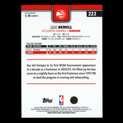 Asa Newell RC 2025-26 Topps Rainbow Foil Rookie Hawks