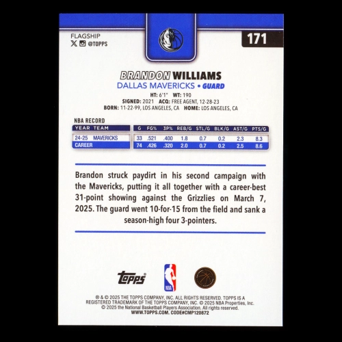 Brandon Williams 2025-26 Topps Rainbow Foil Mavericks